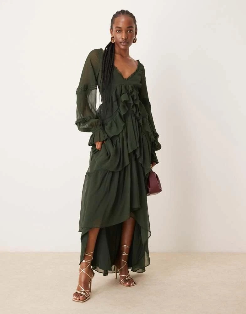 ASOS ASOS DESIGN v front tiered ruffle maxi dress with hi low hem and pin tucks in dark olive 1