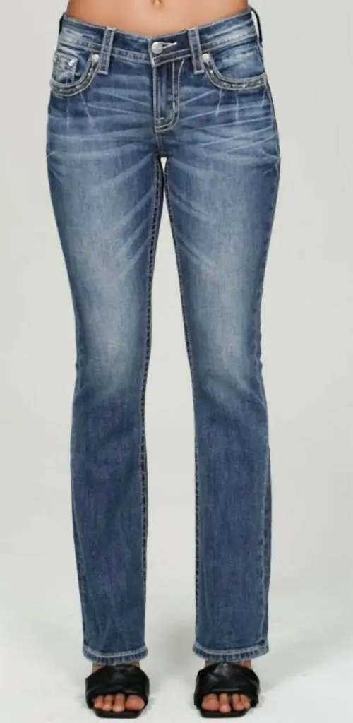 Miss Me Miss Me - Women's Mid Rise Boot Cut Cross Stitch Jeans