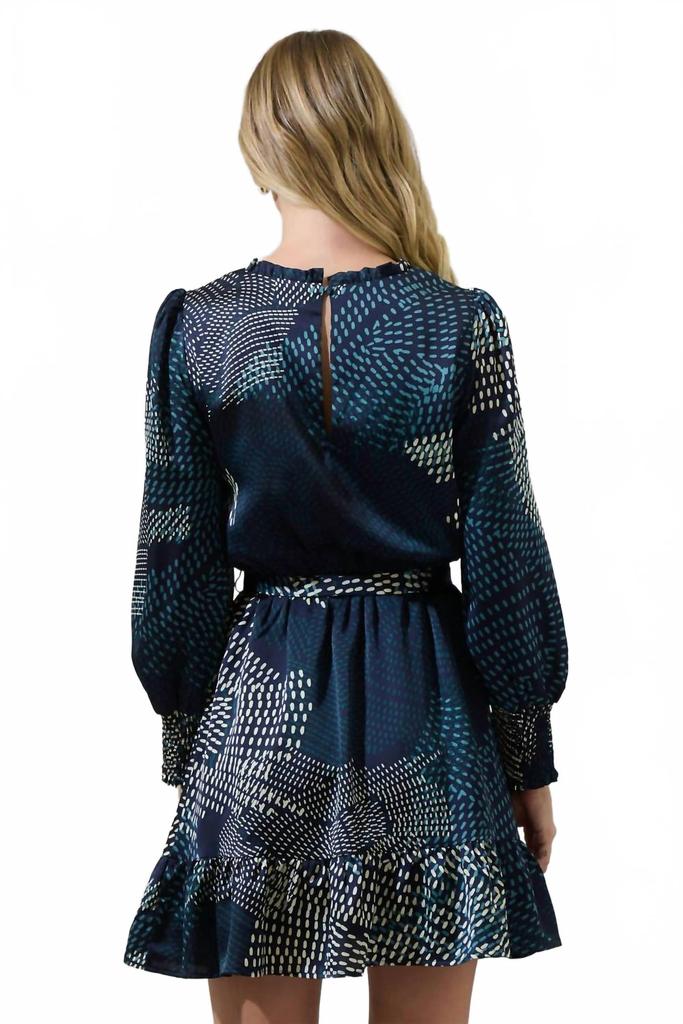 Sugarlips Kirby Geometric Sevilla Satin Ruffle Dress In Navy Cream
