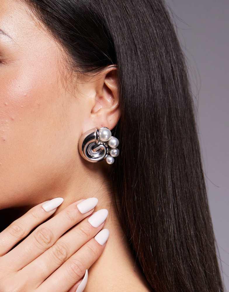8 Other Reasons 8 Other Reasons swirl chunky earrings with pearl detail in rhodium plated