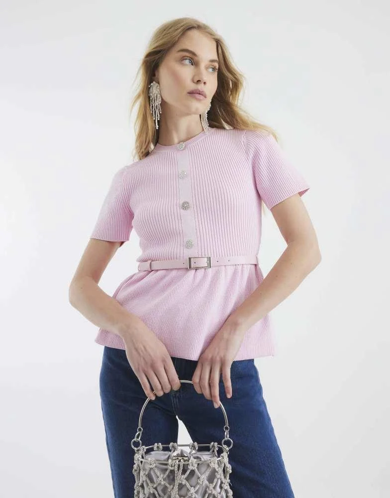 River Island River Island Knit short sleeve belted top in pink - light 1