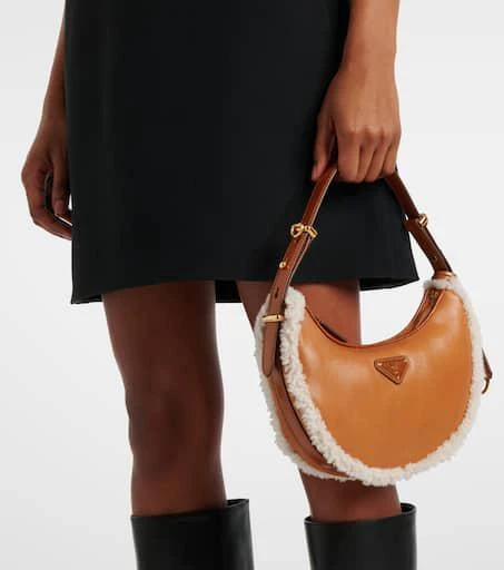 Prada Arqué Small shearling-trimmed leather shoulder bag 2