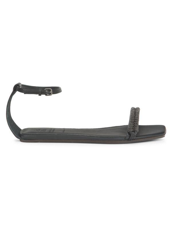 Brunello Cucinelli Beaded Ankle Loop Leather Flat Sandals