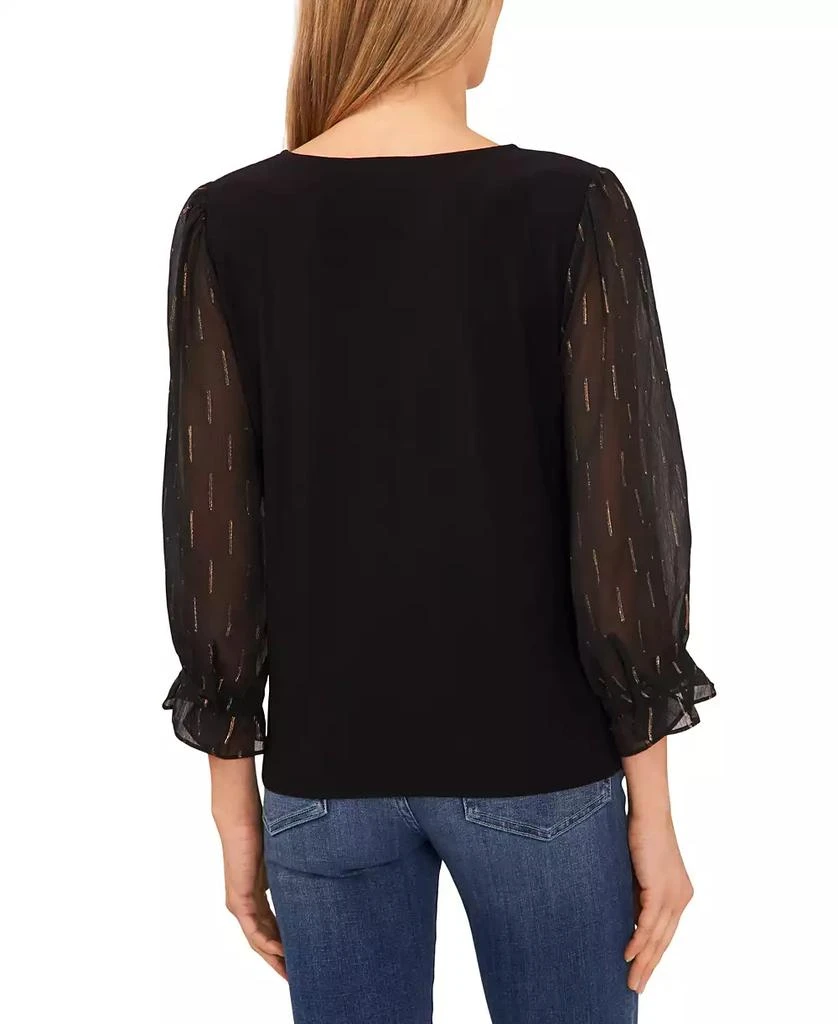 CeCe Women's V-Neck Sheer Mixed-Media Gold Lurex 3/4-Sleeve Knit Top 2