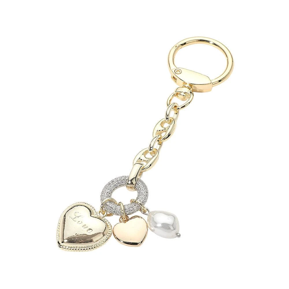 FASHNZFAB 14K Gold Plated CZ Stone Paved Ring Accent LOVE Heart Pearl Charm Drop Keychain Bag Charm 3