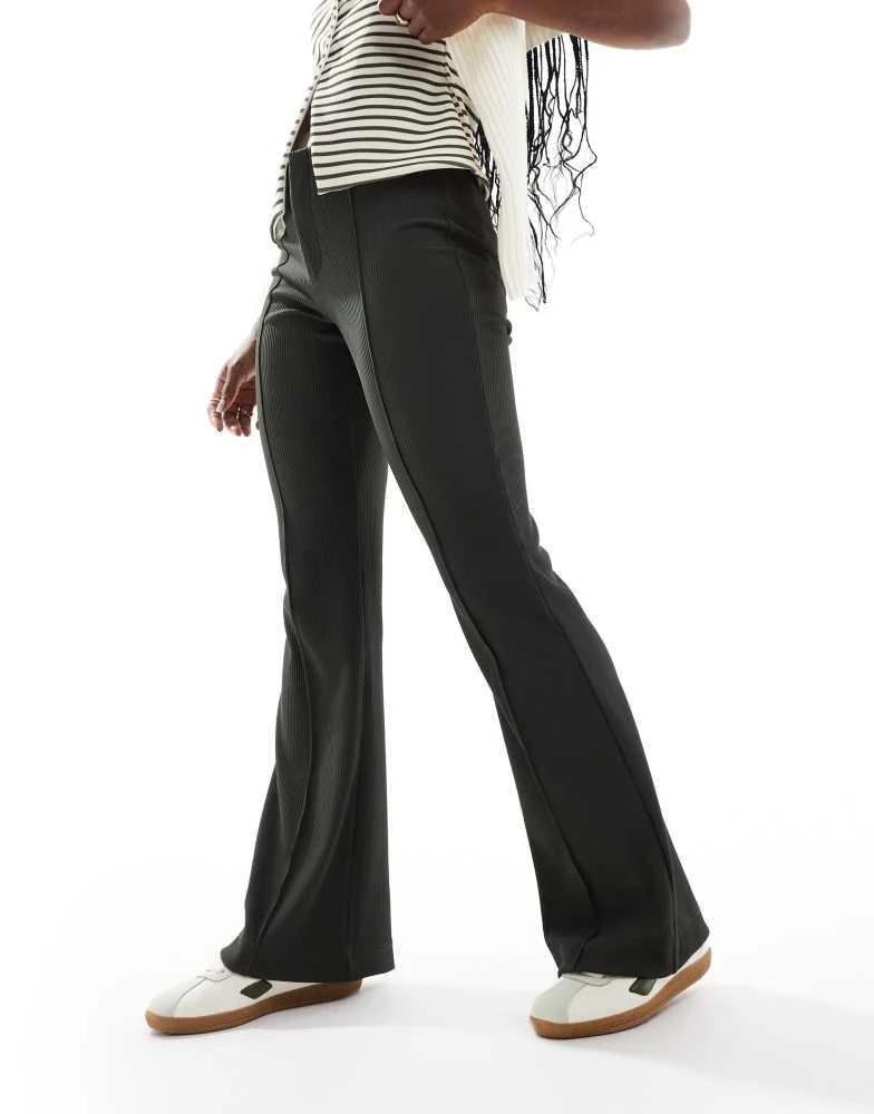 ONLY ONLY Sally high waist ribbed flared trousers in dark khaki 1