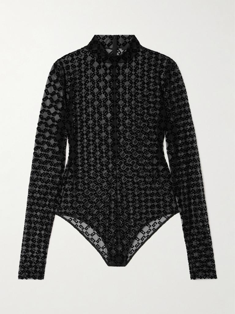 Tシャツ・カットソー GIVENCHY MONOGRAM TULLE BODYSUIT Givenchy Black Shiny Monogram 72 Tulle Bodysuit Givenchy