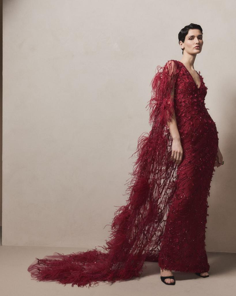 Pamella Roland Raspberry Sequined Feather-Trim Cape Column Gown
