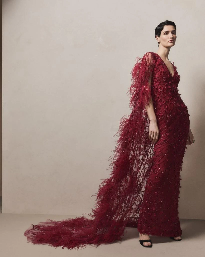 Pamella Roland Raspberry Sequined Feather-Trim Cape Column Gown 2