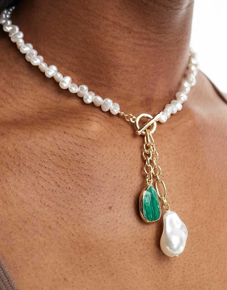 ASOS ASOS DESIGN necklace with faux freshwater pearl and malachite style charm in gold tone 2