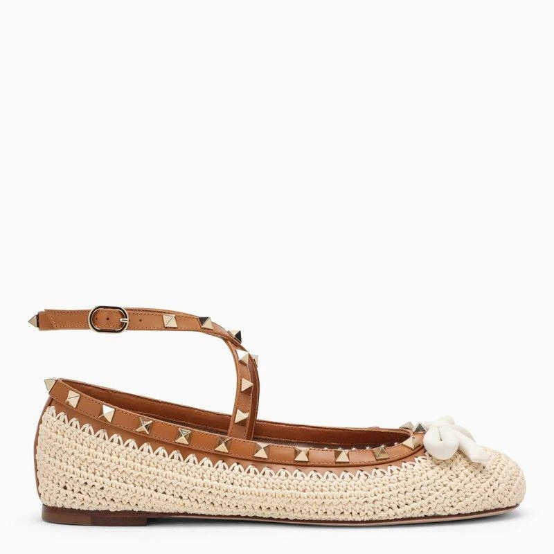 VALENTINO GARAVANI BEIGE ROCKSTUD RAFFIA AND LEATHER BALLERINA 