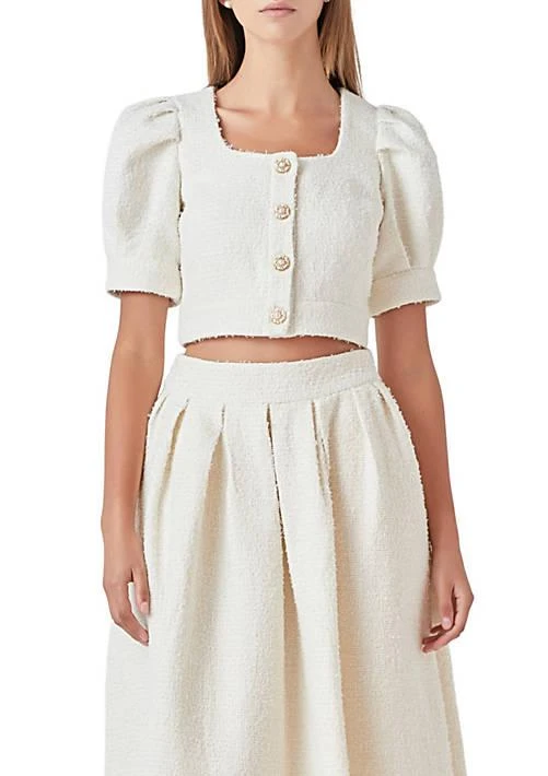 Endless Rose Rose Cropped Tweed Puff Sleeve Top 1