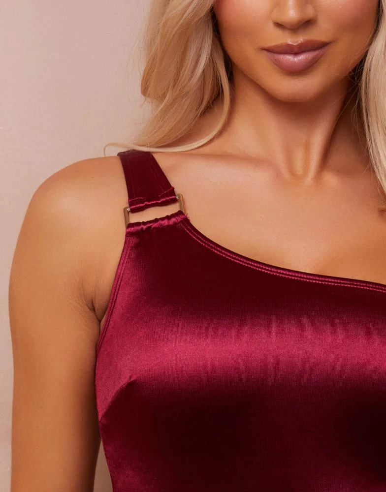 Wolf & Whistle Wolf & Whistle Fuller Bust x Abby Benson one shoulder cut out swimsuit in wine 3