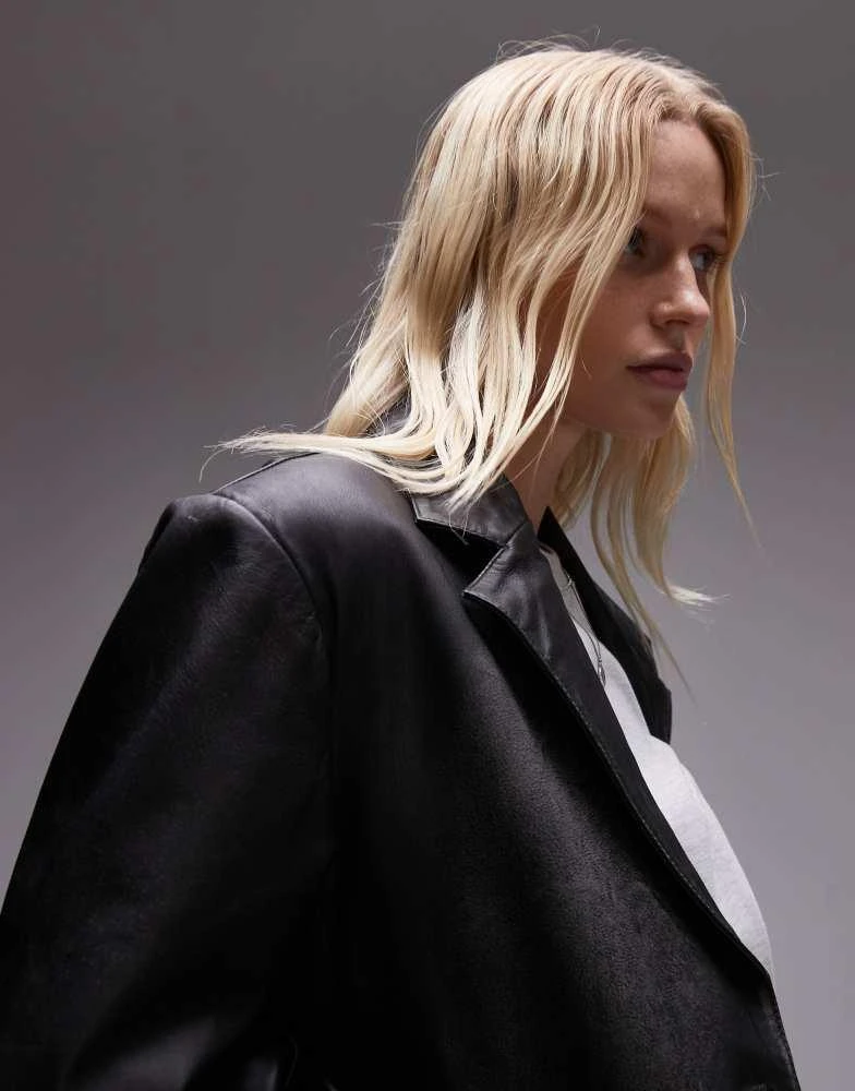 Topshop Topshop premium real leather blazer in washed black 2