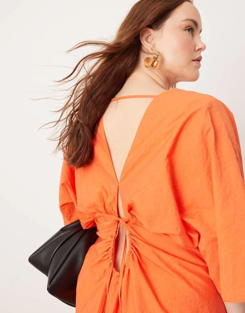 ASOS ASOS EDITION Curve textured wide sleeve midi dress with ruched waist in orange 2