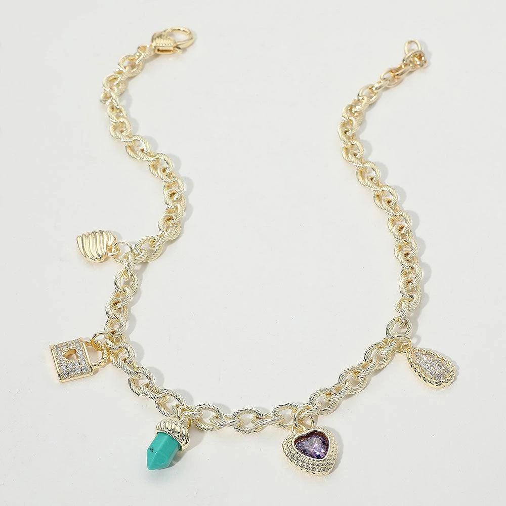 FASHNZFAB 14K Gold Plated CZ Stone Paved Lock Heart Teardrop Charm Station Necklace 2