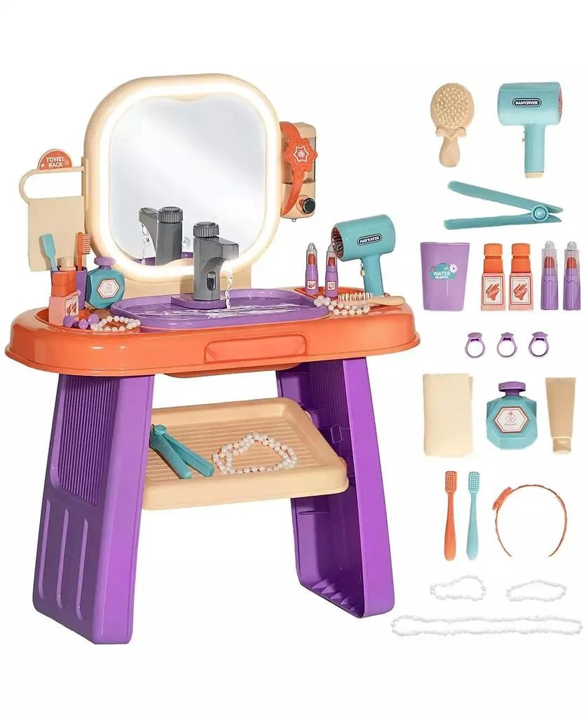 HONGGE Kids Vanity Play Set with LED Mirror and Water Play Sink for Ages 3 to 6 Bedroom Pretend Play Furniture