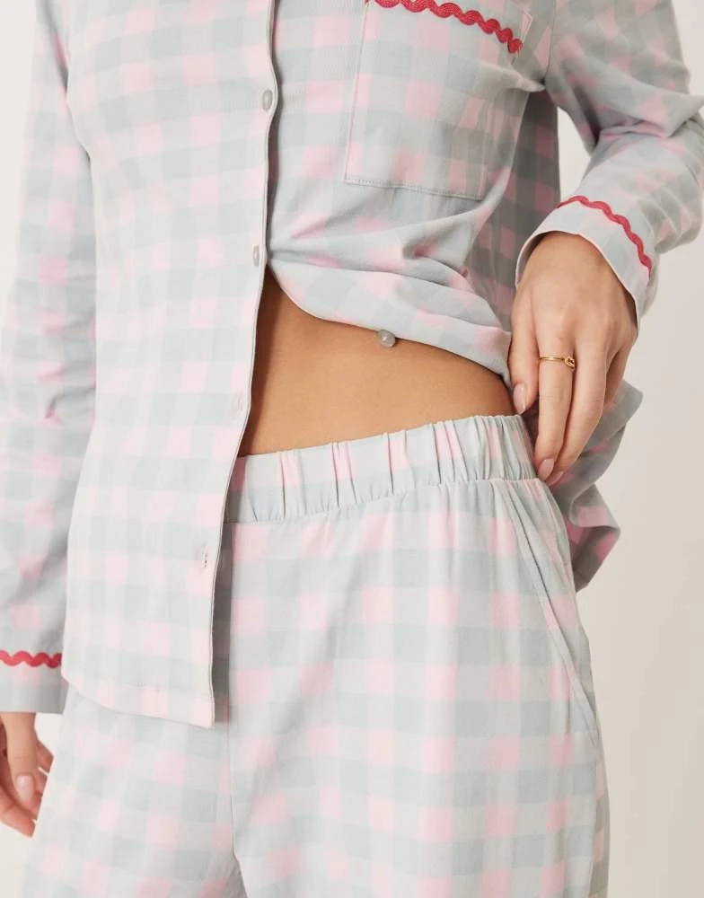 Chelsea Peers Chelsea Peers long pyjama set with embroidery and frill detail in pink and blue check print 4
