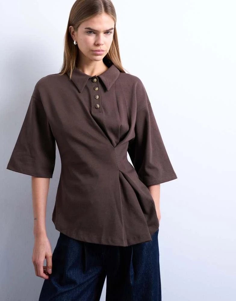 Topshop Topshop cinch detail structured polo in chocolate brown