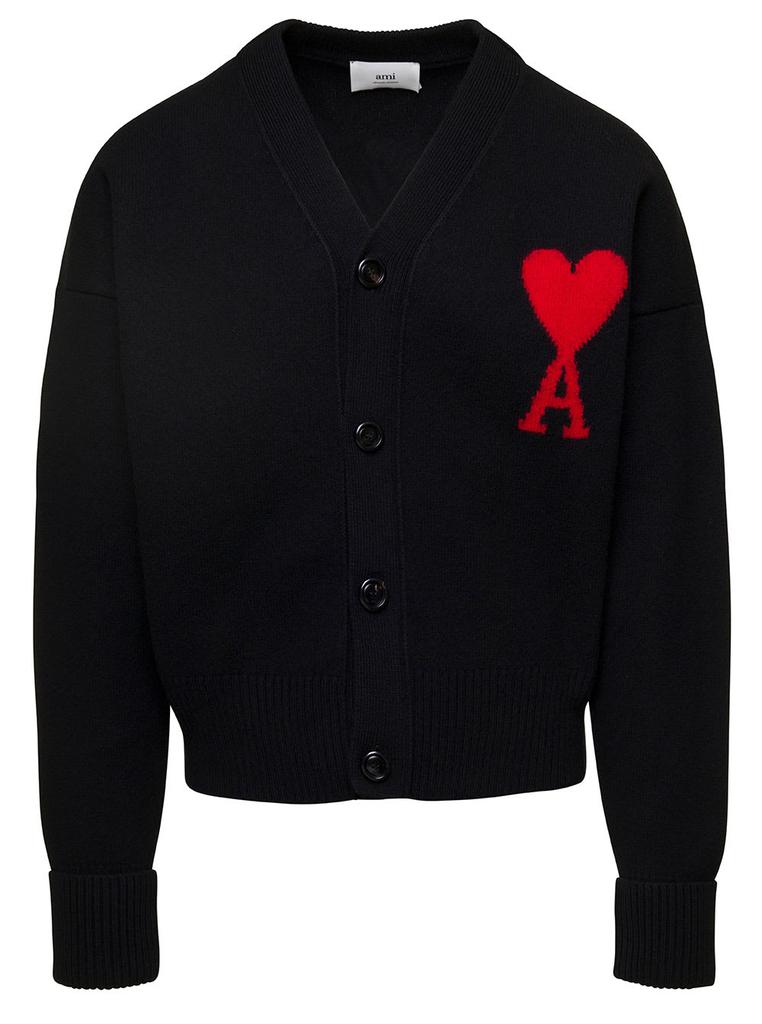 Ami Alexandre Mattiussi ami De Coeur Black V-neck Cardigan In Wool Man