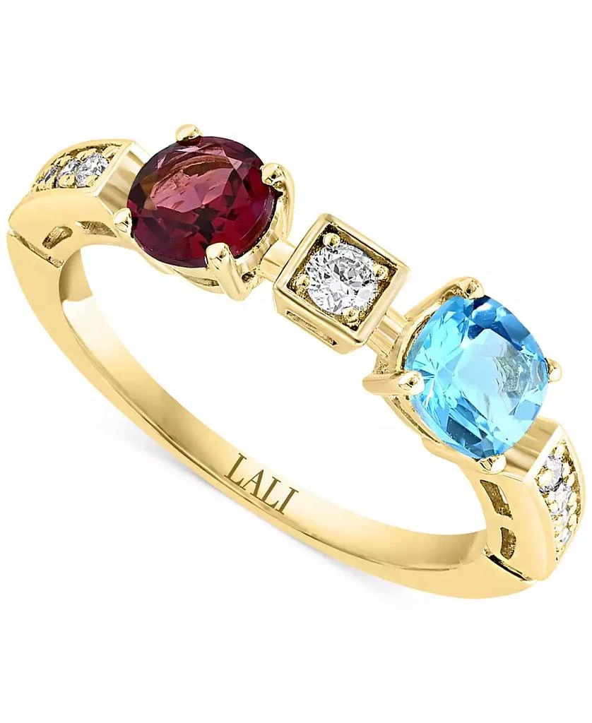 LALI Jewels Swiss Blue Topaz (3/4 ct. t.w.), Rhodolite (1/6 ct. t.w.) 
Diamond (1/6 ct. t.w.) Ring in 14k Yellow Gold