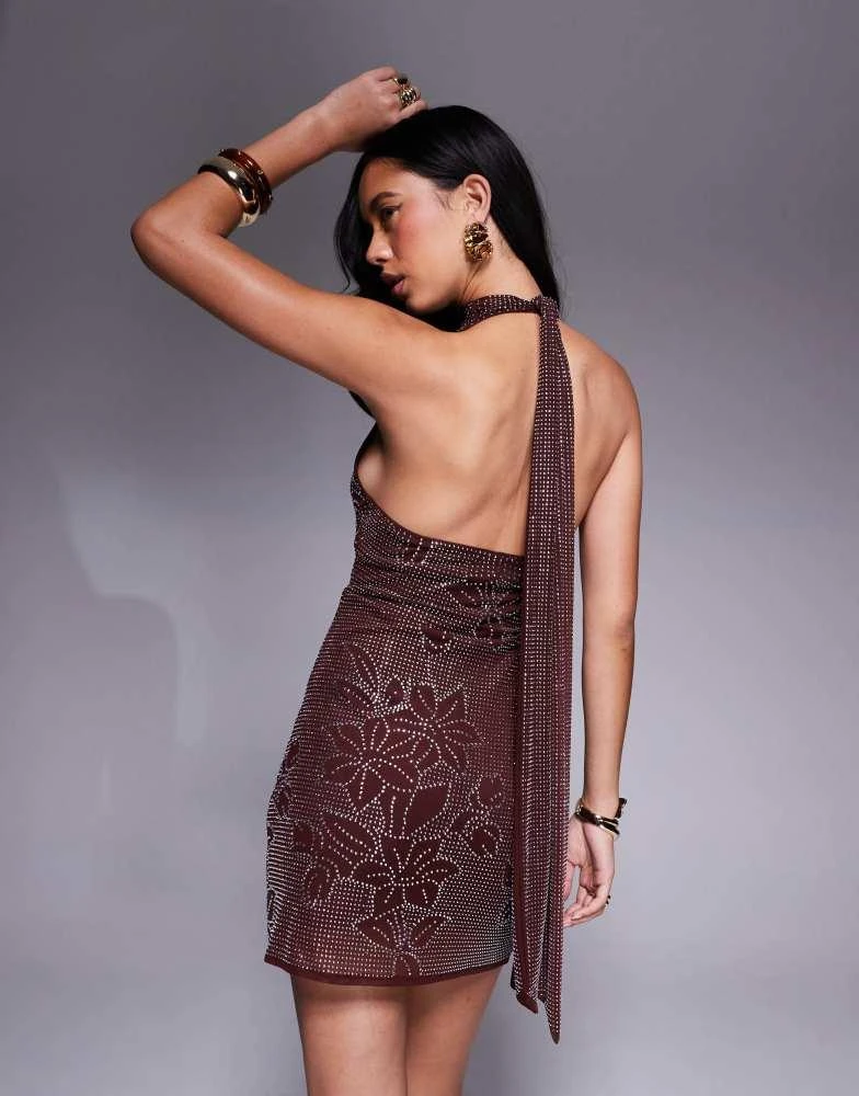 knee length dresses for ladies Embellished Halterneck A-Line Mini Dress in Snake Hotfix - 4