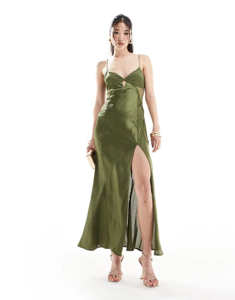 ASOS ASOS DESIGN satin lace insert keyhole midaxi dress in khaki 2