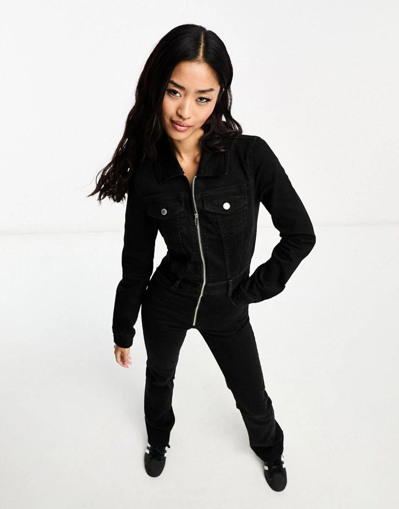 Pull&Bear Pull&Bear denim long sleeve jumpsuit in black 2