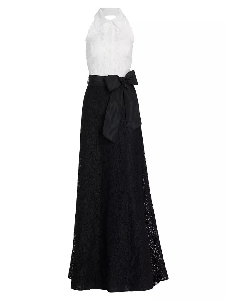 Teri Jon by Rickie Freeman Collared Colorblocked Lace Gown 1