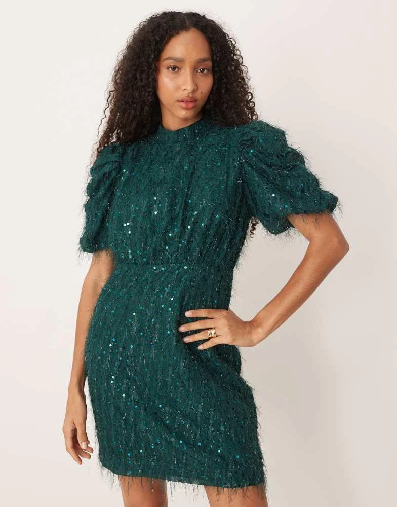 YAS fluffy textured sequin mini dress in dark green