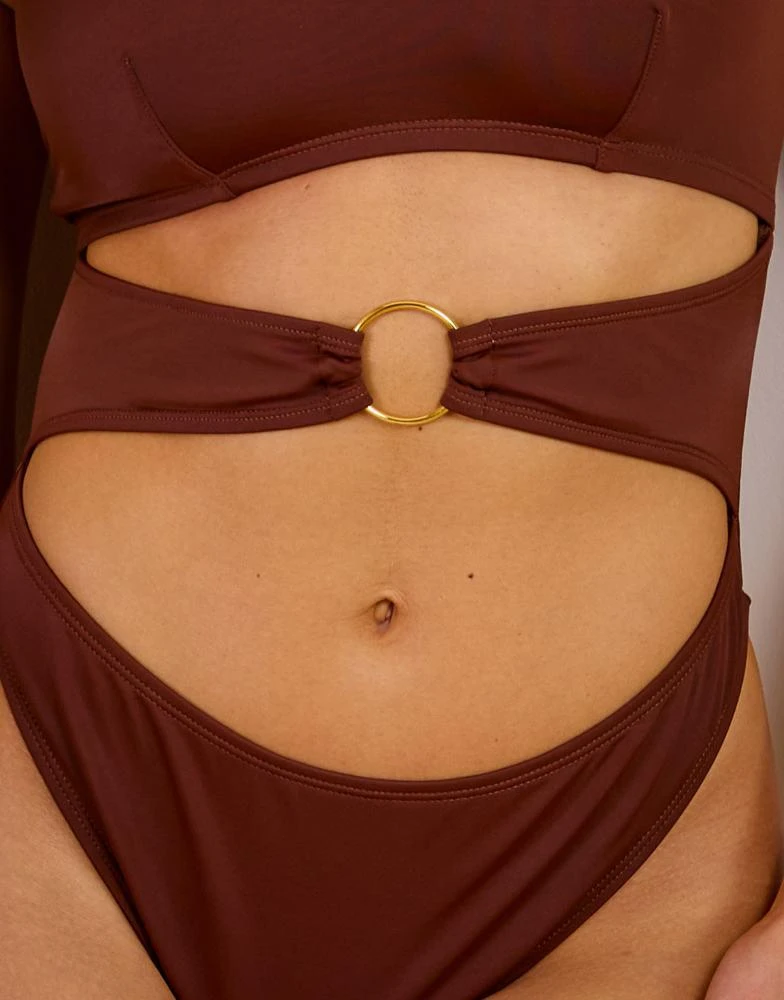Wolf & Whistle Wolf & Whistle x Maia Andrews cut out ring front swimsuit in brown 3
