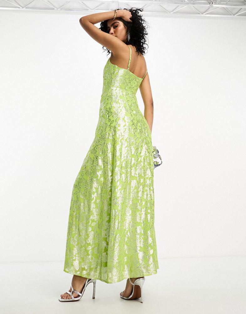 ASOS DESIGN ASOS DESIGN trapeze maxi slip dress in lime metallic jacquard
