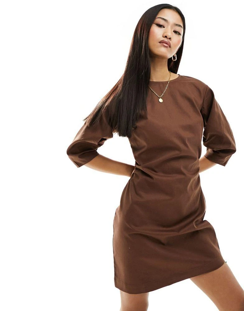 ASOS DESIGN ASOS DESIGN pleated banana sleeve twill mini dress in chocolate 4