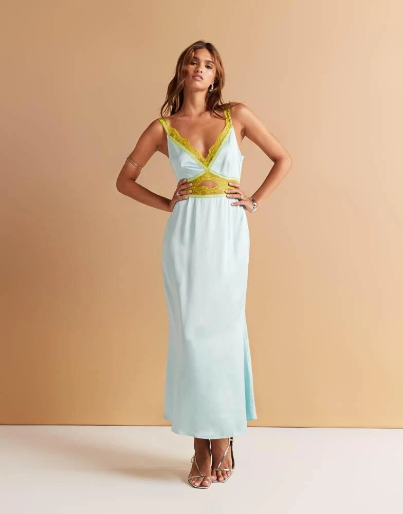 Never Fully Dressed lace trim satin slip midaxi dress in blue