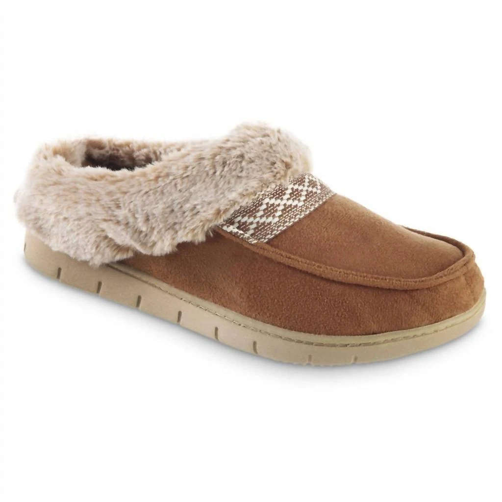 Isotoner Women's Recycled Microsuede And Faux Fur Hoodback Slipper In Cognac 1