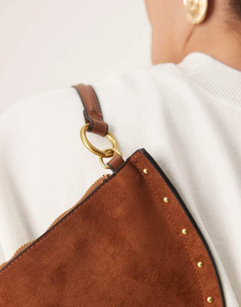 ASOS ASOS DESIGN faux suede scoop studded shoulder bag in tan 3