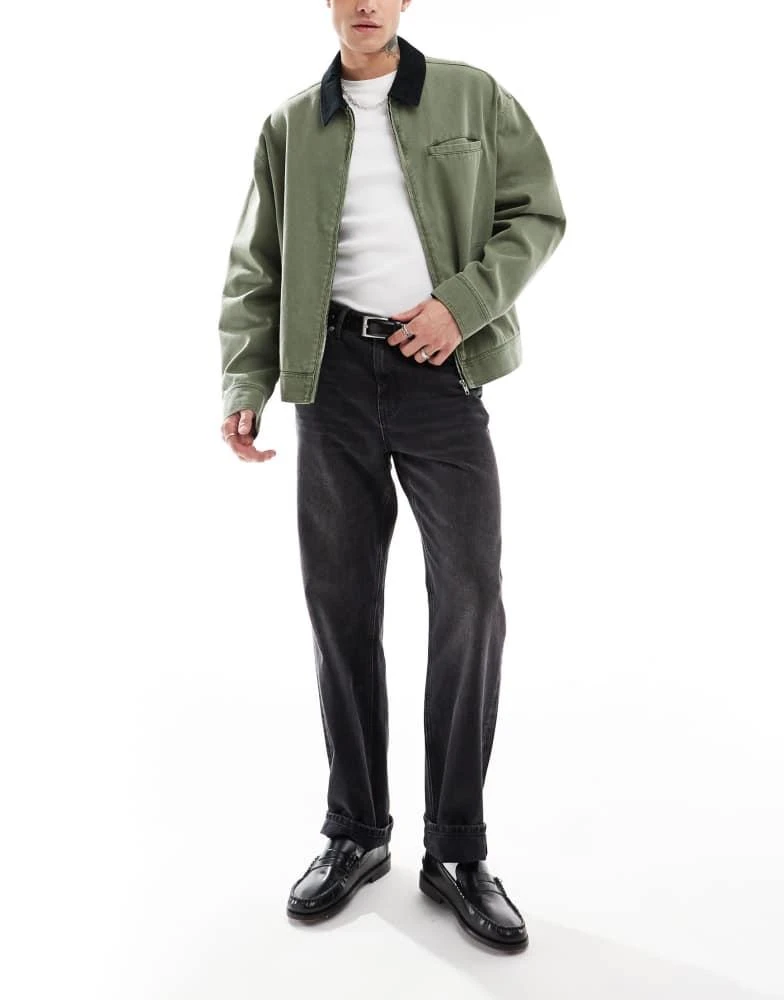 ASOS ASOS DESIGN oversized washed harrington jacket with cord collar in khaki 3
