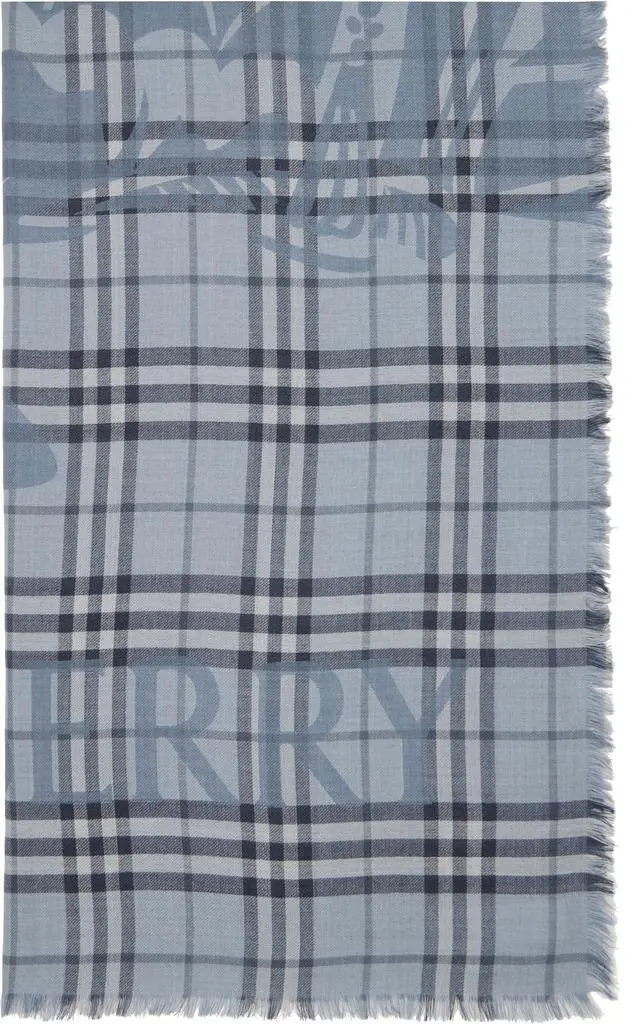 Burberry Blue Wide Knight Check Wool Silk Scarf