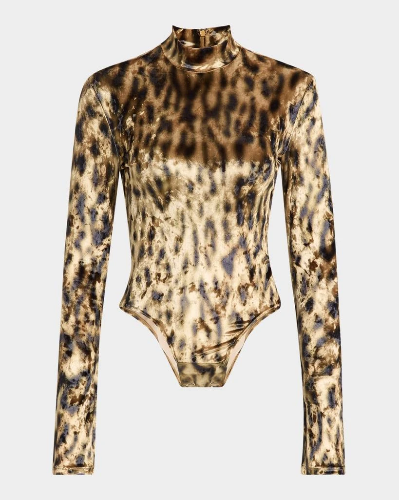 LAPOINTE Leopard-Print Velvet Mock-Neck Bodysuit 1