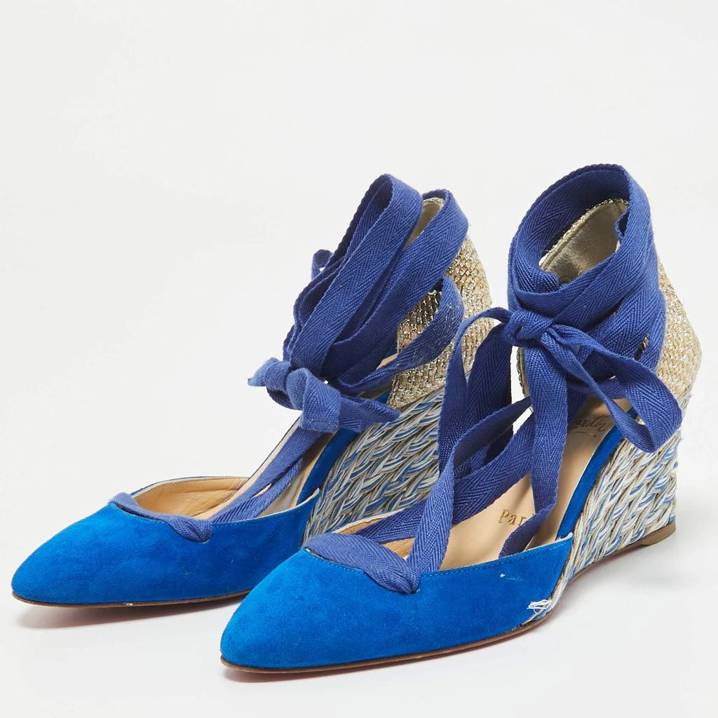 Christian Louboutin Christian Louboutin Blue/Gold Raffia and Suede Wedge Pumps Size 36 2