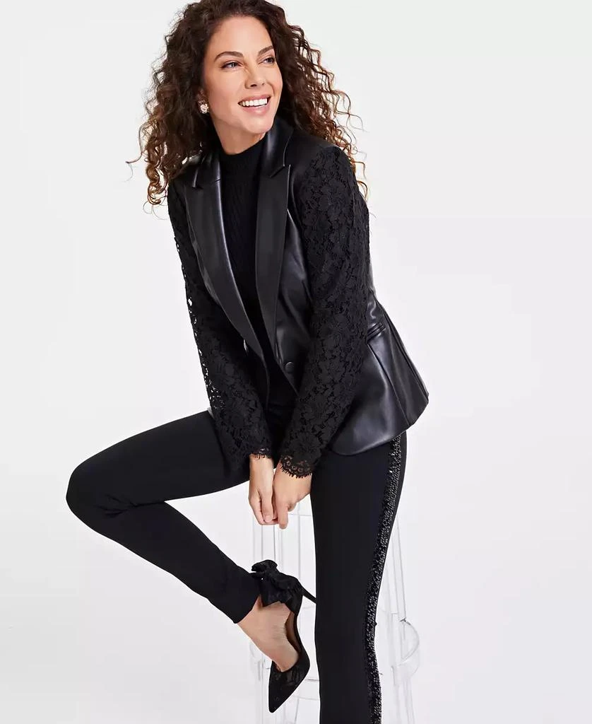 INC International Women's Faux-Leather Lace-Sleeve Blazer, Created for Macy's 1
