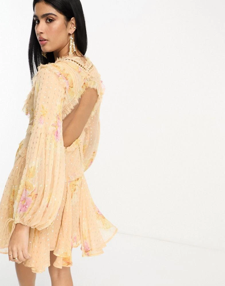 ASOS ASOS DESIGN ruffle detail mini dress with chain detail in floral metallic jacquard print 4