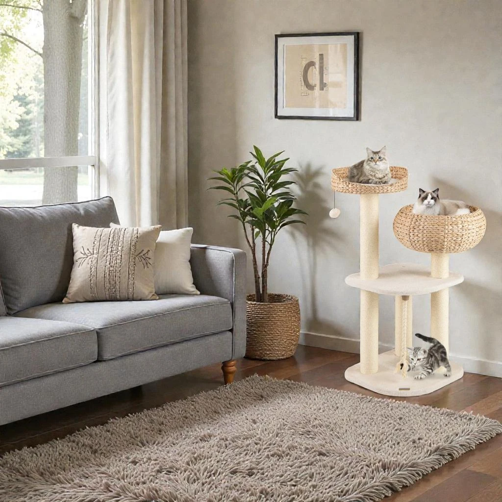 Hivvago 41-Inch Feline Activity Tower with Rattan Construction and Sleep Platform