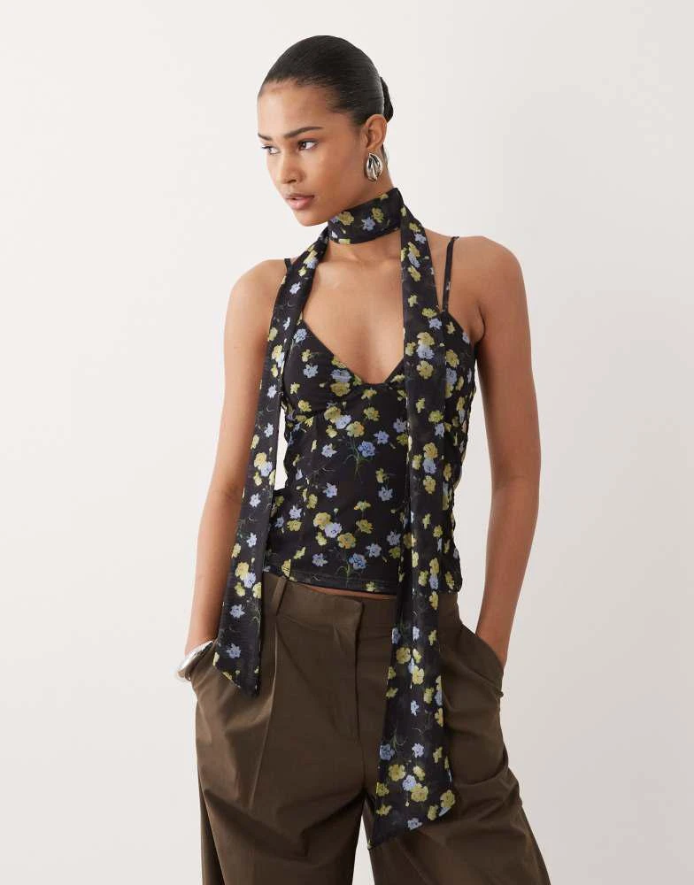 ASOS ASOS DESIGN printed mesh cami top with scarf detail in floral print