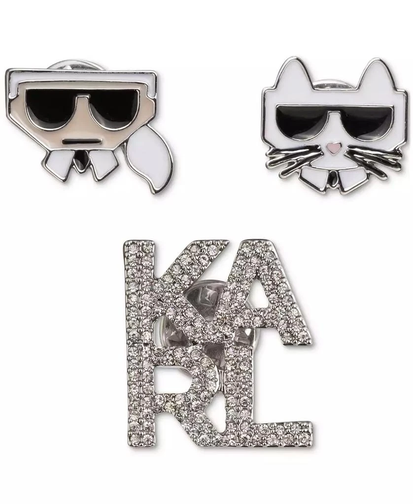 Karl Lagerfeld Paris Silver-Tone 3-Pc. Set Pavé Logo & Choupette Pins 1