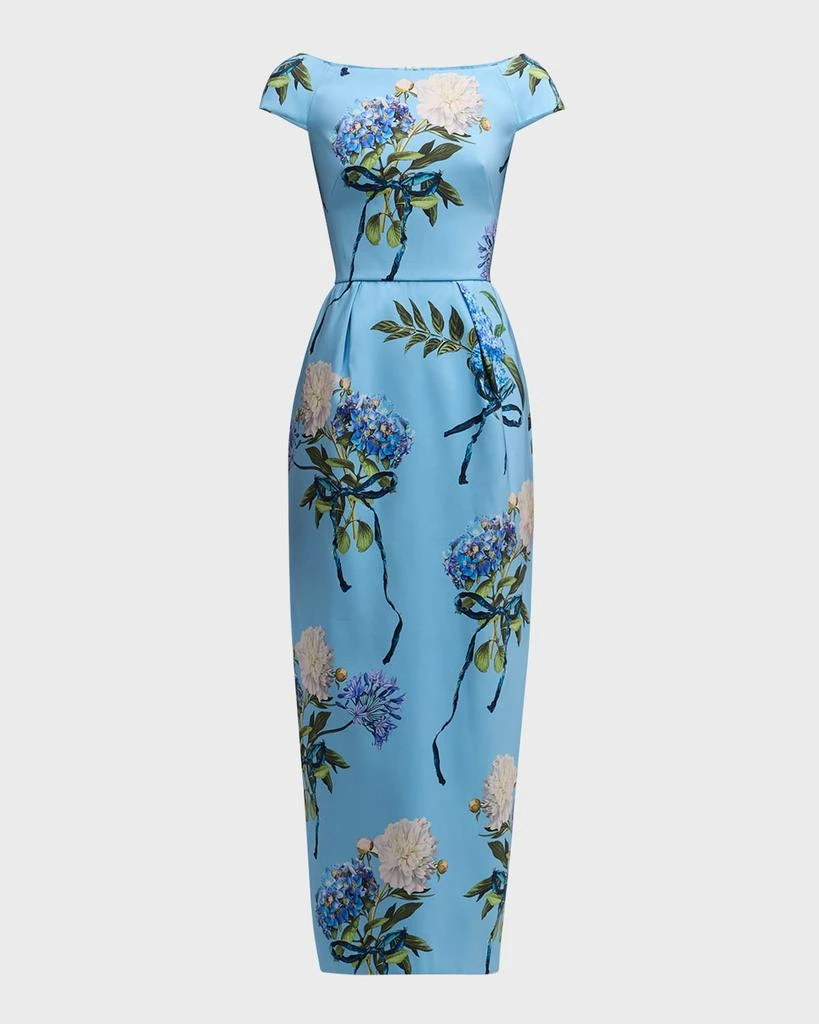 Monique Lhuillier Hydrangea-Print Cap-Sleeve Faille Column Gown 1
