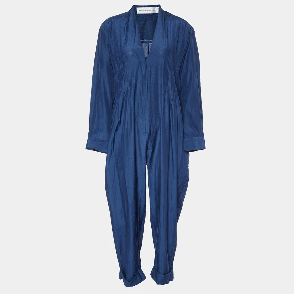 Victoria Beckham Victoria Victoria Beckham Navy Blue Silk & Cotton V-Neck Jumpsuit M 1