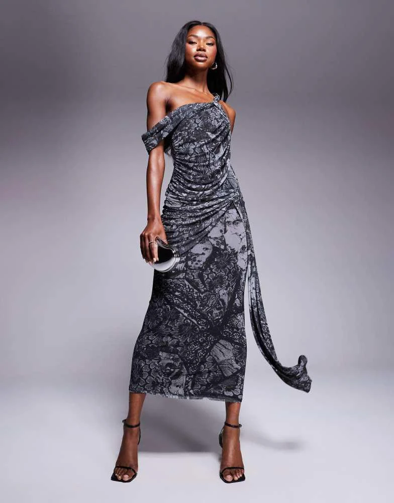 ASOS DESIGN mesh asymmetric off shoulder midi dress with hitched