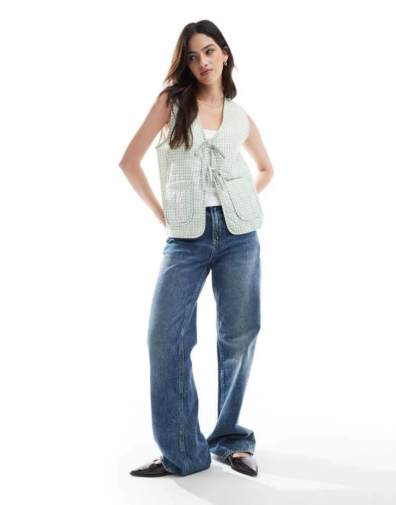 ONLY ONLY tie front quilted gilet in sage gingham check 3