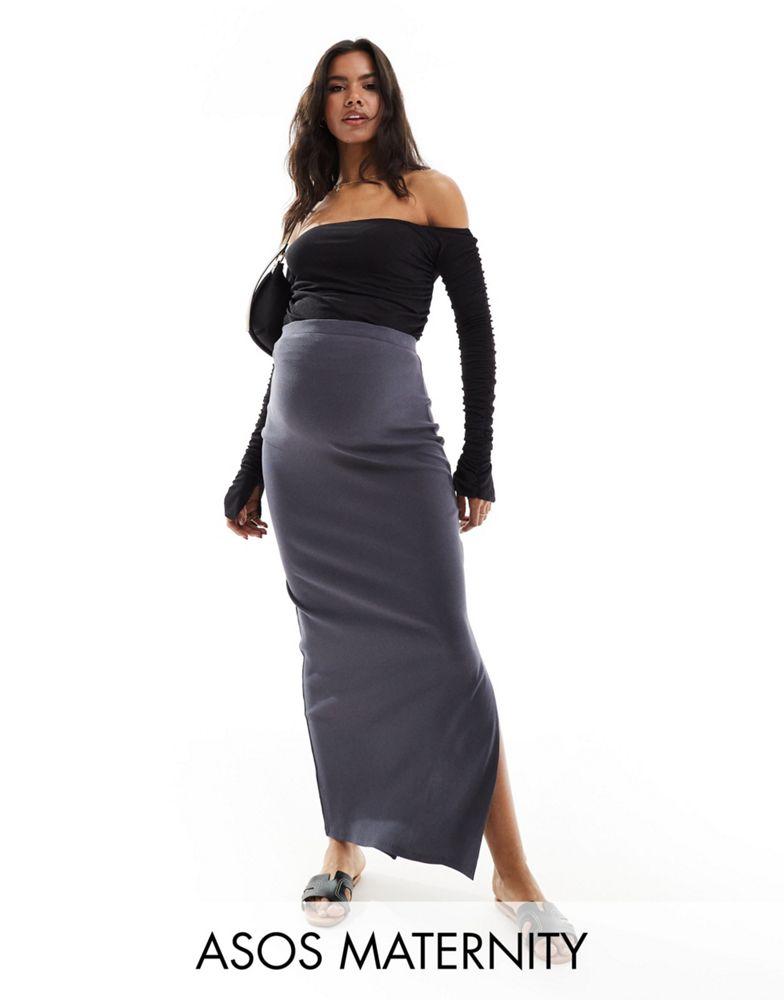ASOS Maternity ASOS DESIGN Maternity ribbed maxi skirt with side split in dark grey